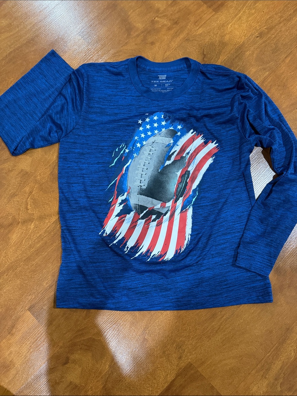 tek gear Blue Long-Sleeve Tee with American Flag Football Graphic
